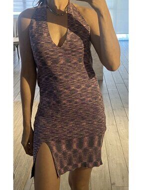 12th Tribe Halter Mini Dress Women's S Purple Space-Dye Knit Backless